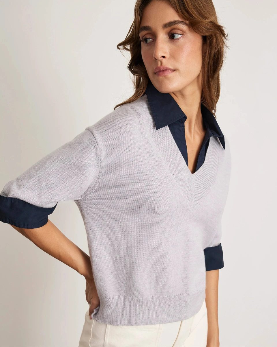 Esme Sweater Top Light Heather Gray/Maritime Blue